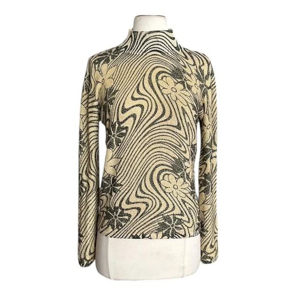 Retro 70s Y2K Lightweight Knit Sweater Mock Neck Metallic Gold Black - Picture 1 of 14